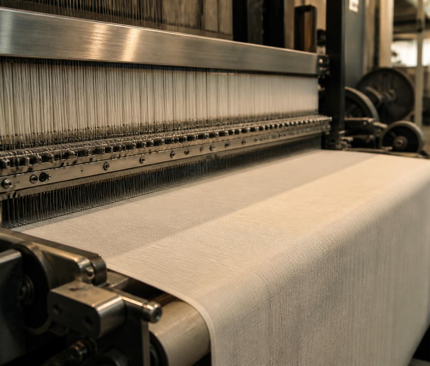 Close view of cloth being woven on textile machinery